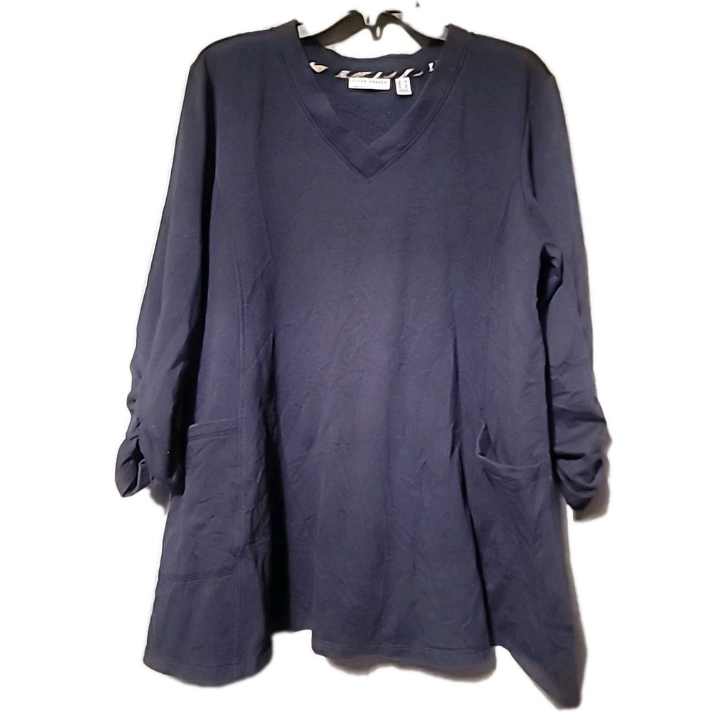 Susan Graver L Long Tunic Sweatshirt‎ Navy Blue Pockets Long Sleeves Lagenlook